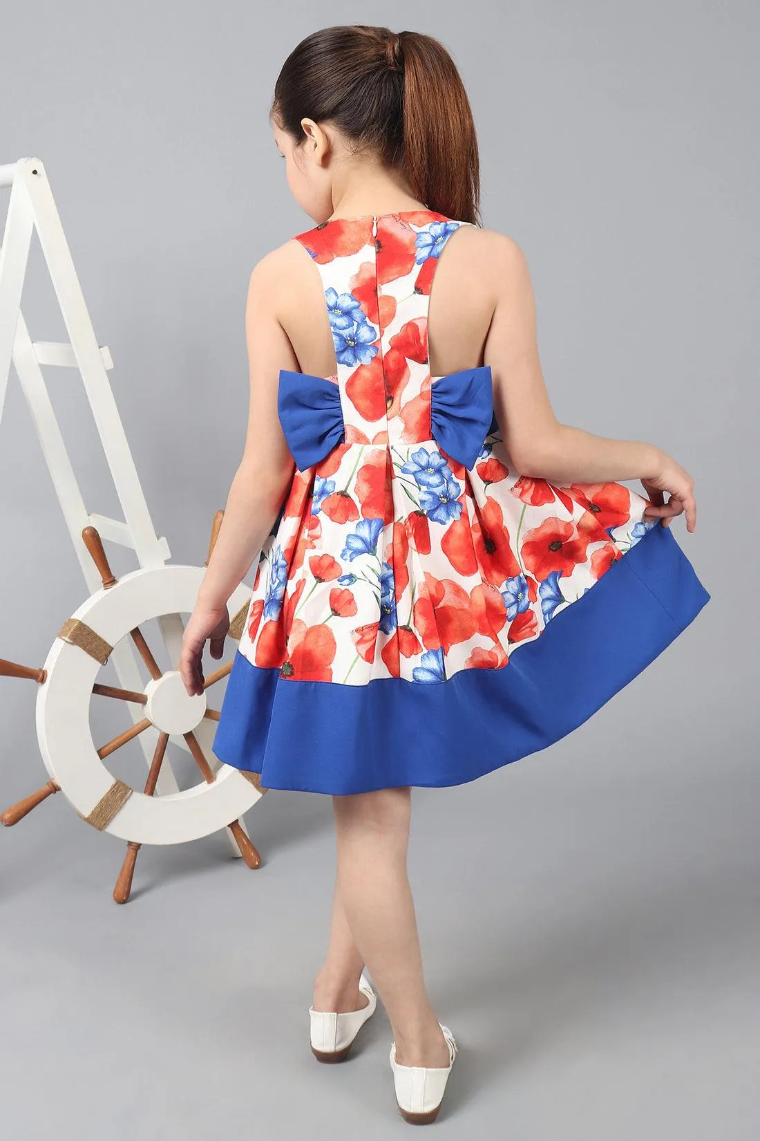 One Friday Kids Girls Floral Printed Fit & Flare Bow Dress