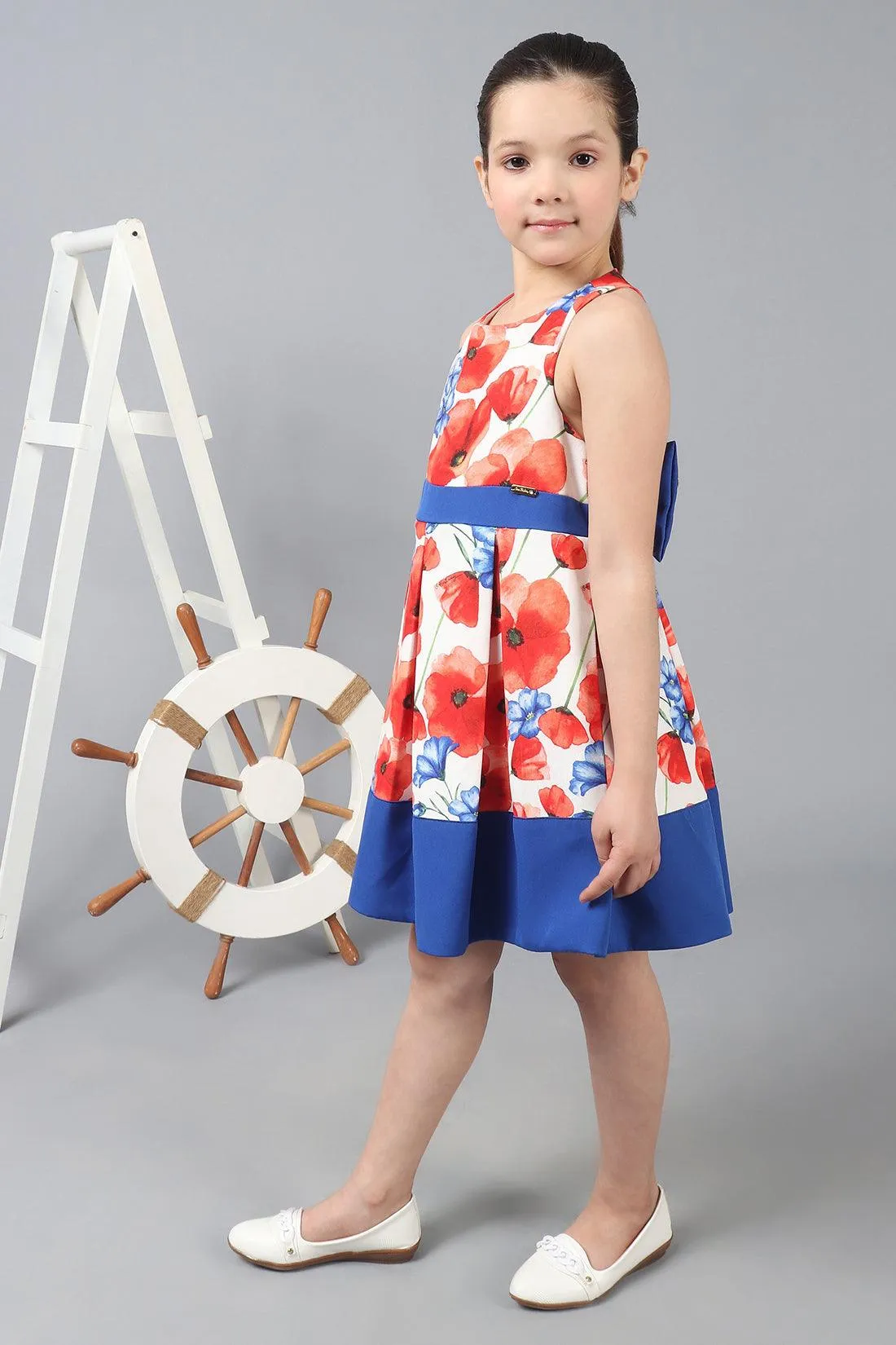 One Friday Kids Girls Floral Printed Fit & Flare Bow Dress