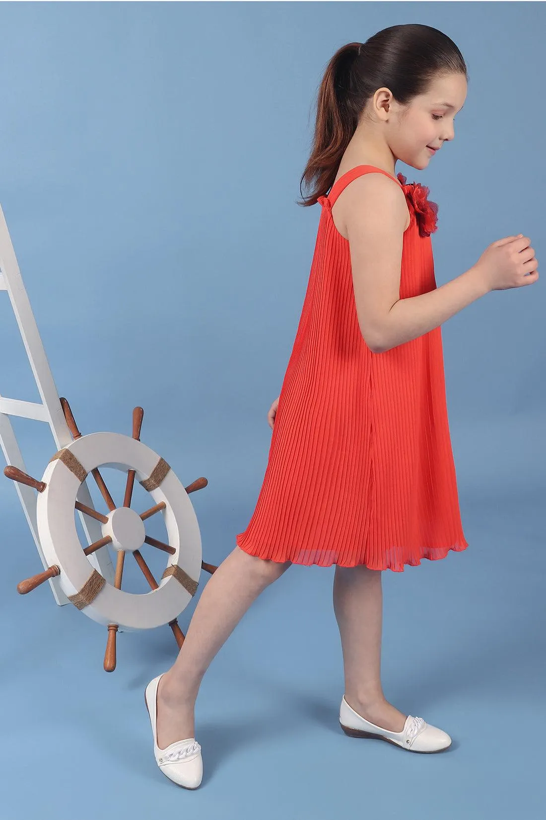 One Friday Kids Girls Orange A Line Pleated Dress With Embellished Flowers