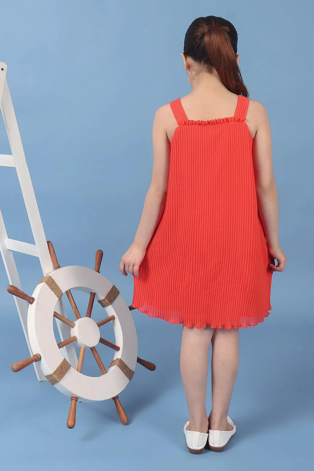 One Friday Kids Girls Orange A Line Pleated Dress With Embellished Flowers