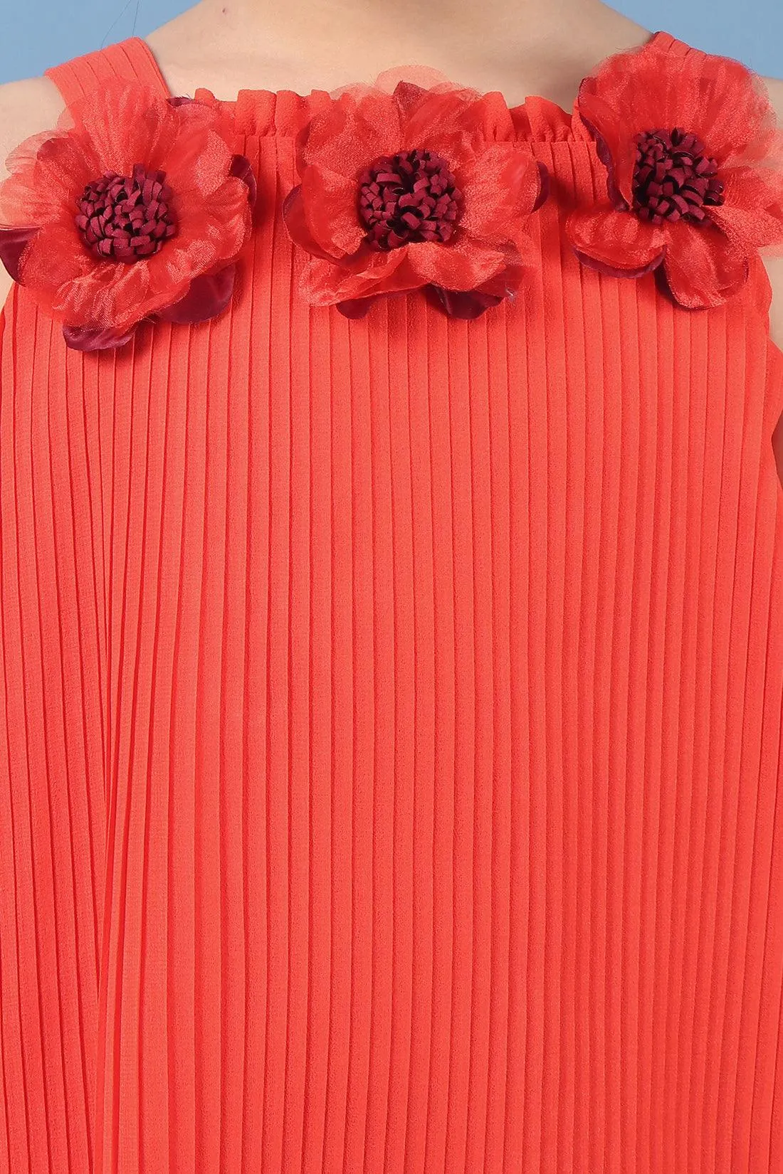 One Friday Kids Girls Orange A Line Pleated Dress With Embellished Flowers