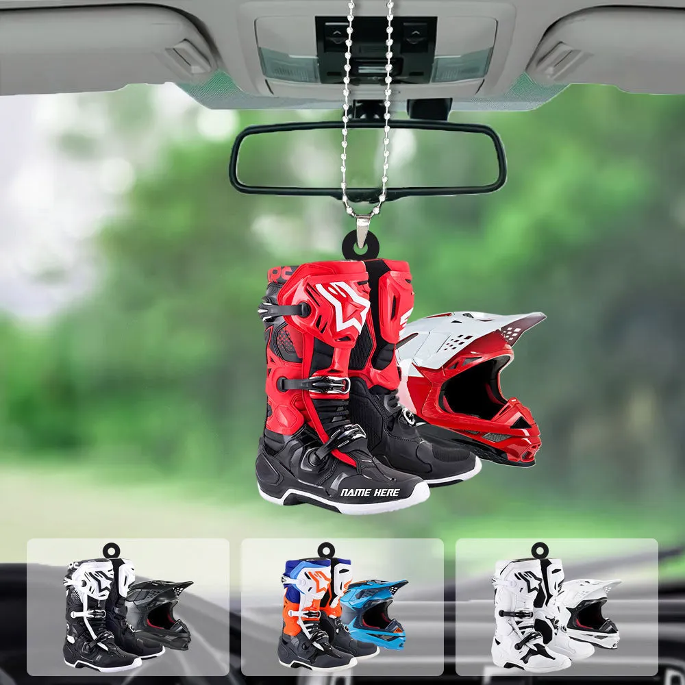 Personalized Motocross Boots Helmet Car Hanging Ornament, Motocross Boots Helmet Ornament