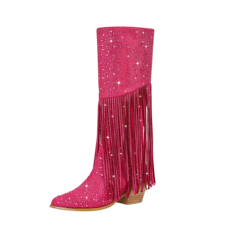 Pre Order:  Tassel Rhinestone Chunky Heel Knee Long Boots