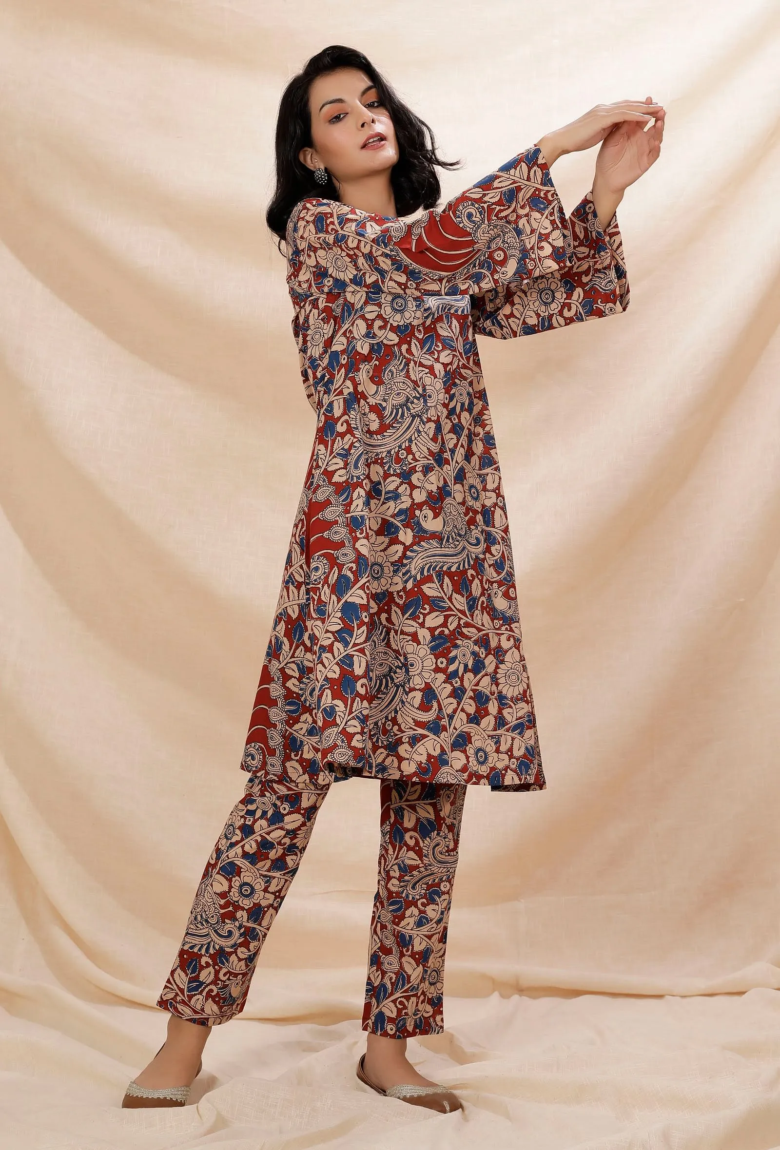 Rust Red Kalamkari Flared Cotton Kurta