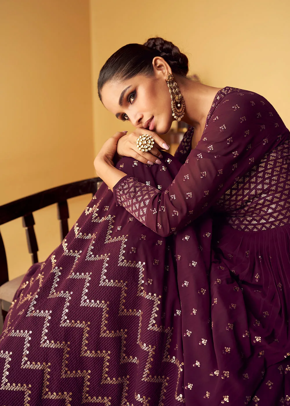 Sequins & Thread Real Georgette Purple Indian Anarkali Suit