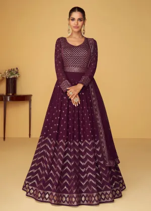 Sequins & Thread Real Georgette Purple Indian Anarkali Suit