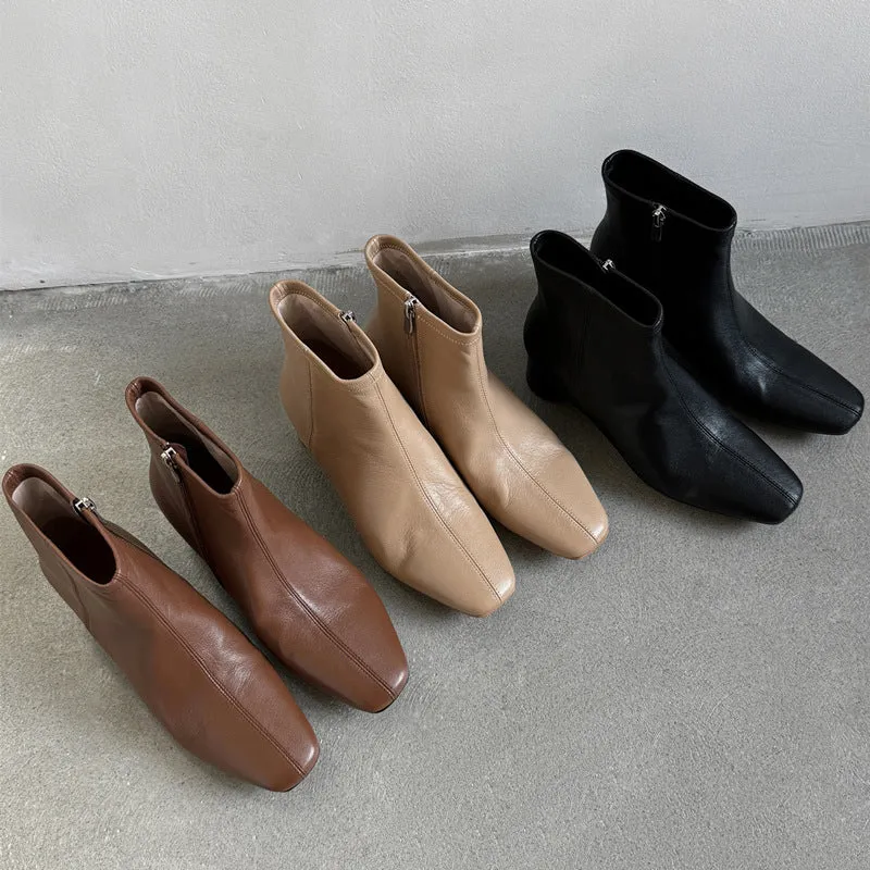 Sheepskin Slimming Boots Elegant Ankle Boots Side Zipper Boots in Black/Brown/Apricot