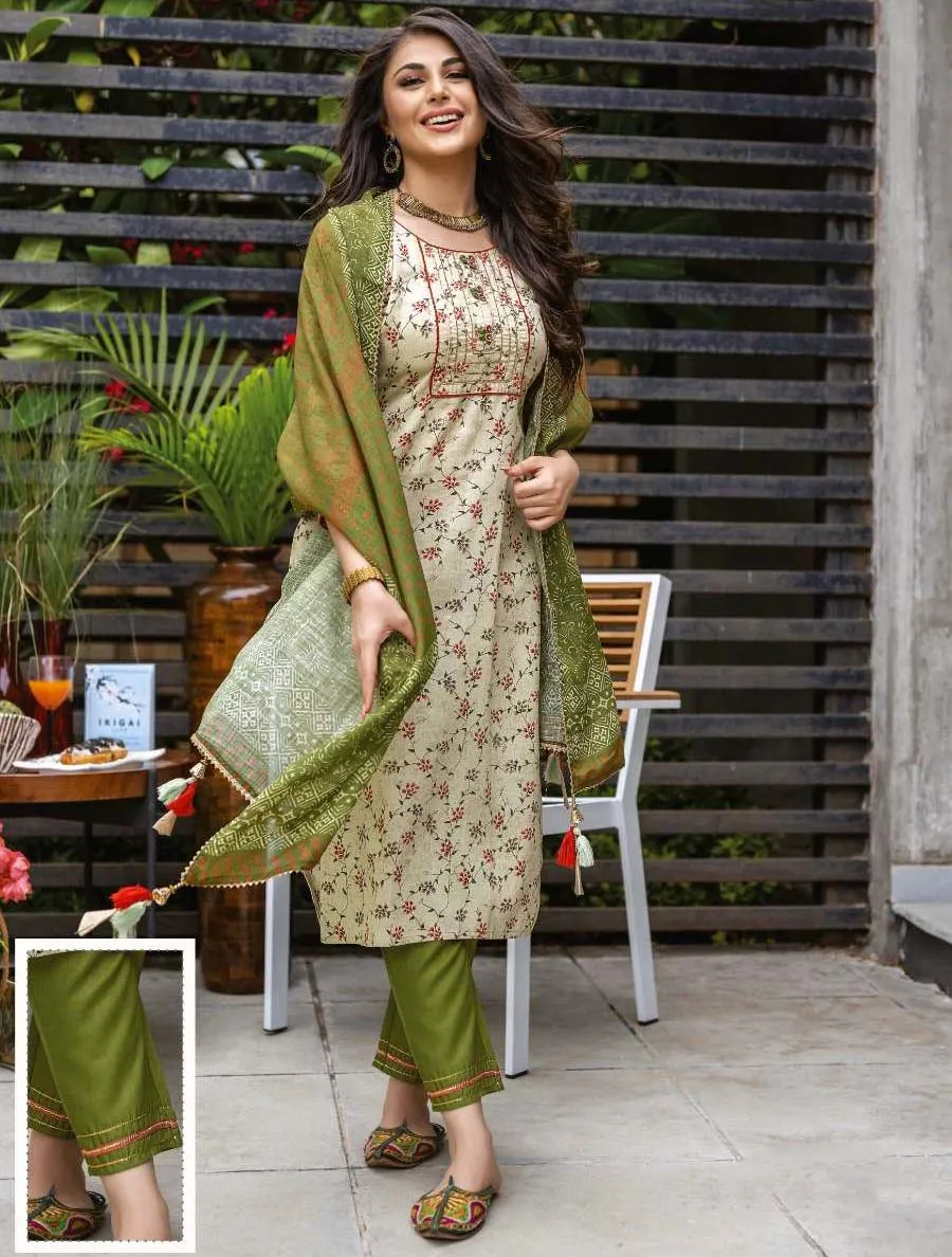 Stitched Readymade Green Printed Cotton Suit Set
