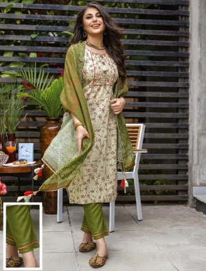 Stitched Readymade Green Printed Cotton Suit Set