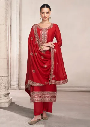 Straight Cut Bright Red Silk Festive Salwar Kameez