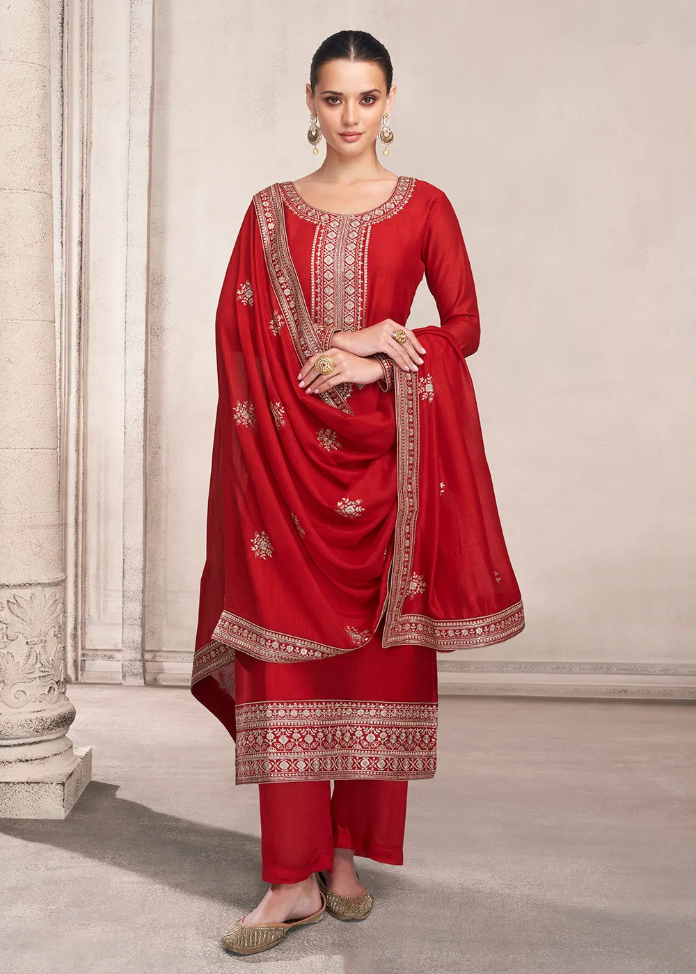 Straight Cut Bright Red Silk Festive Salwar Kameez