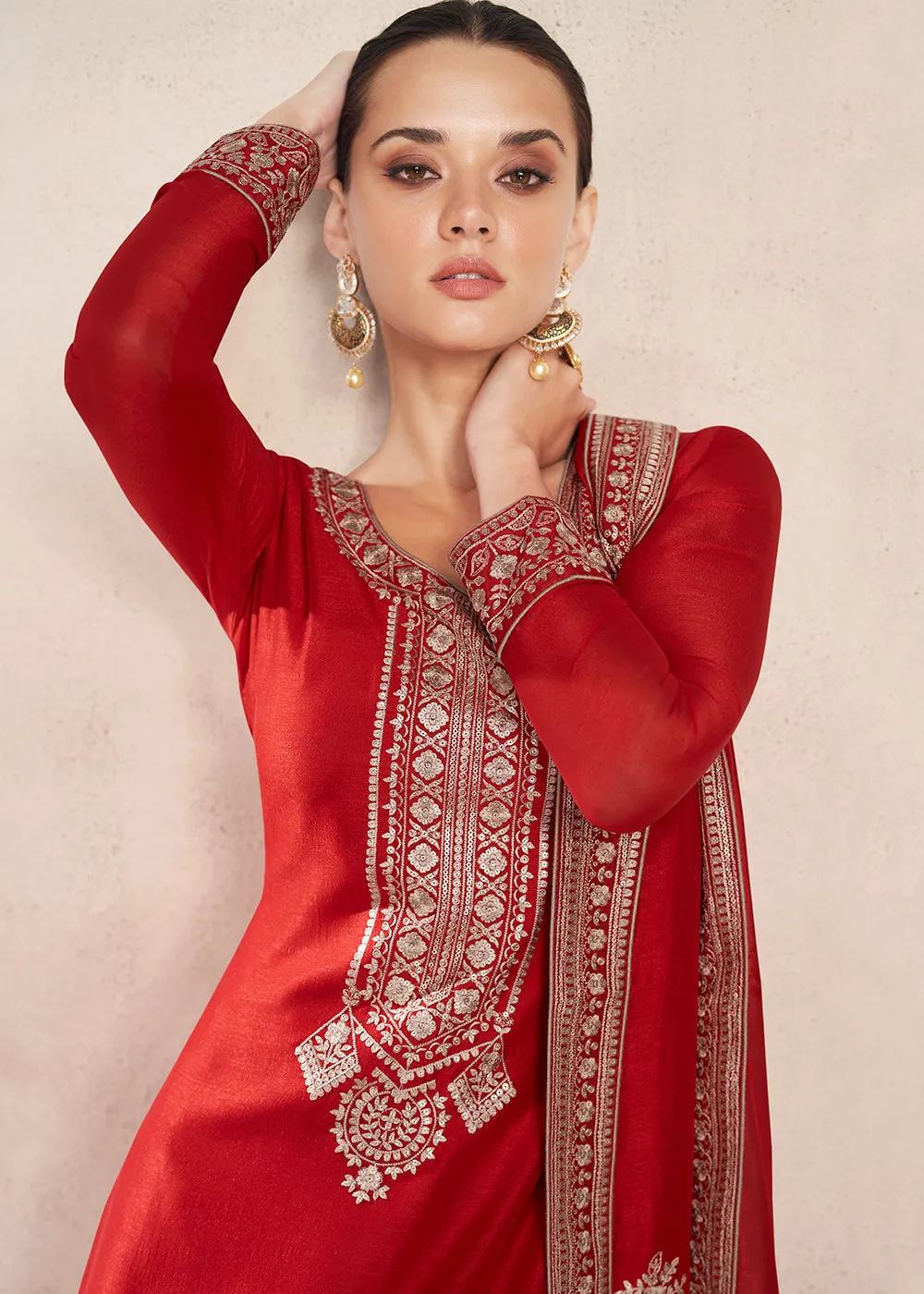 Straight Cut Bright Red Silk Festive Salwar Kameez