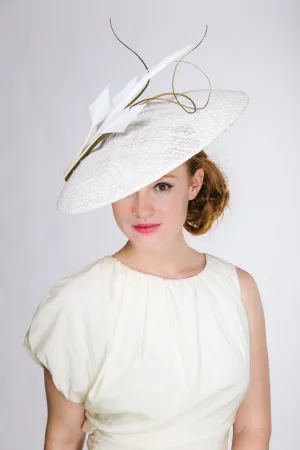 Troienne: White Straw Coolie Hat with Gold Quills