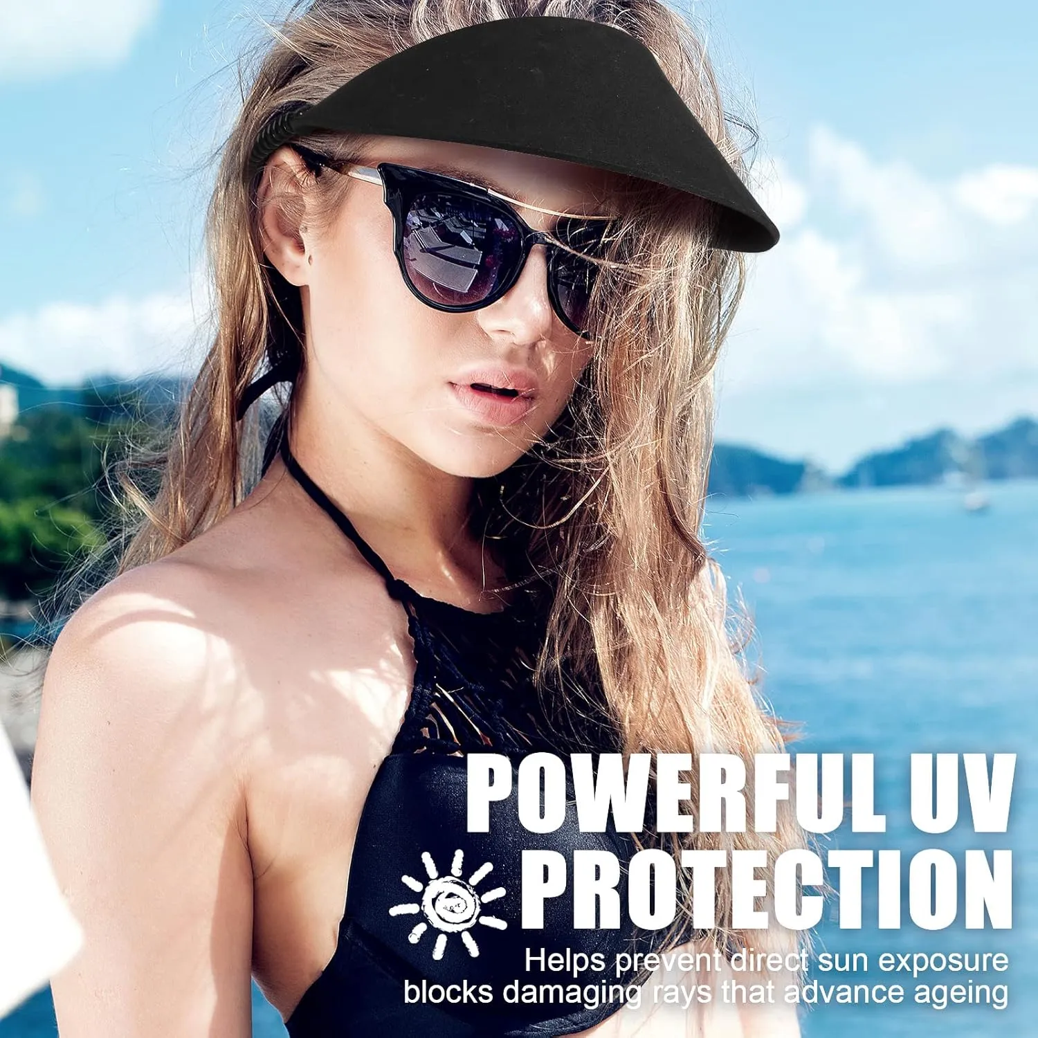 Vabean 3 Pcs Sun Visors for Women Solid String Sun Hat Fabric Foam Adjustable Soft Womens Golf Tennis Visor