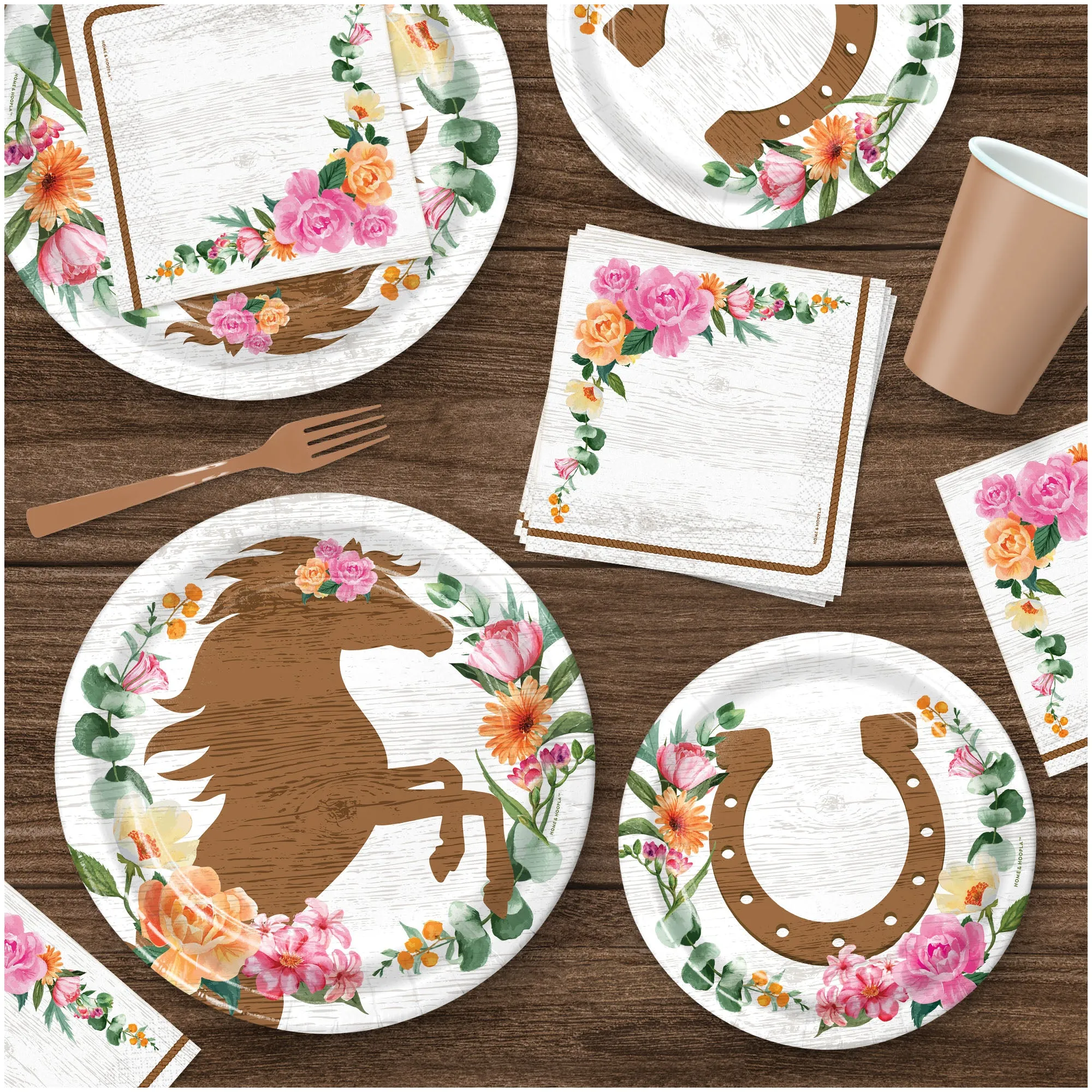 Western Cowgirl Party Supplies -  Horseshoe Paper Plates, and Floral Napkins (Serves 32)