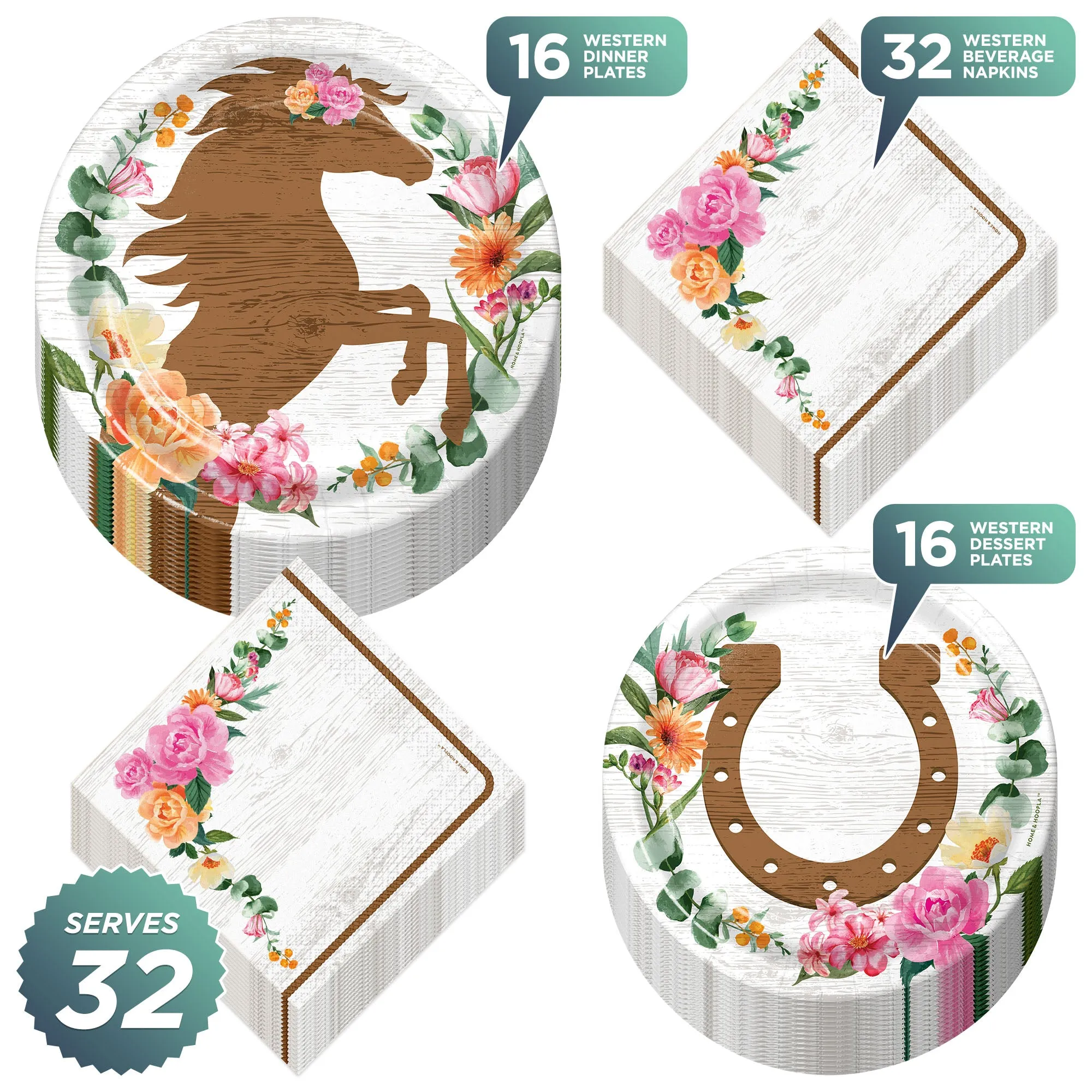 Western Cowgirl Party Supplies -  Horseshoe Paper Plates, and Floral Napkins (Serves 32)