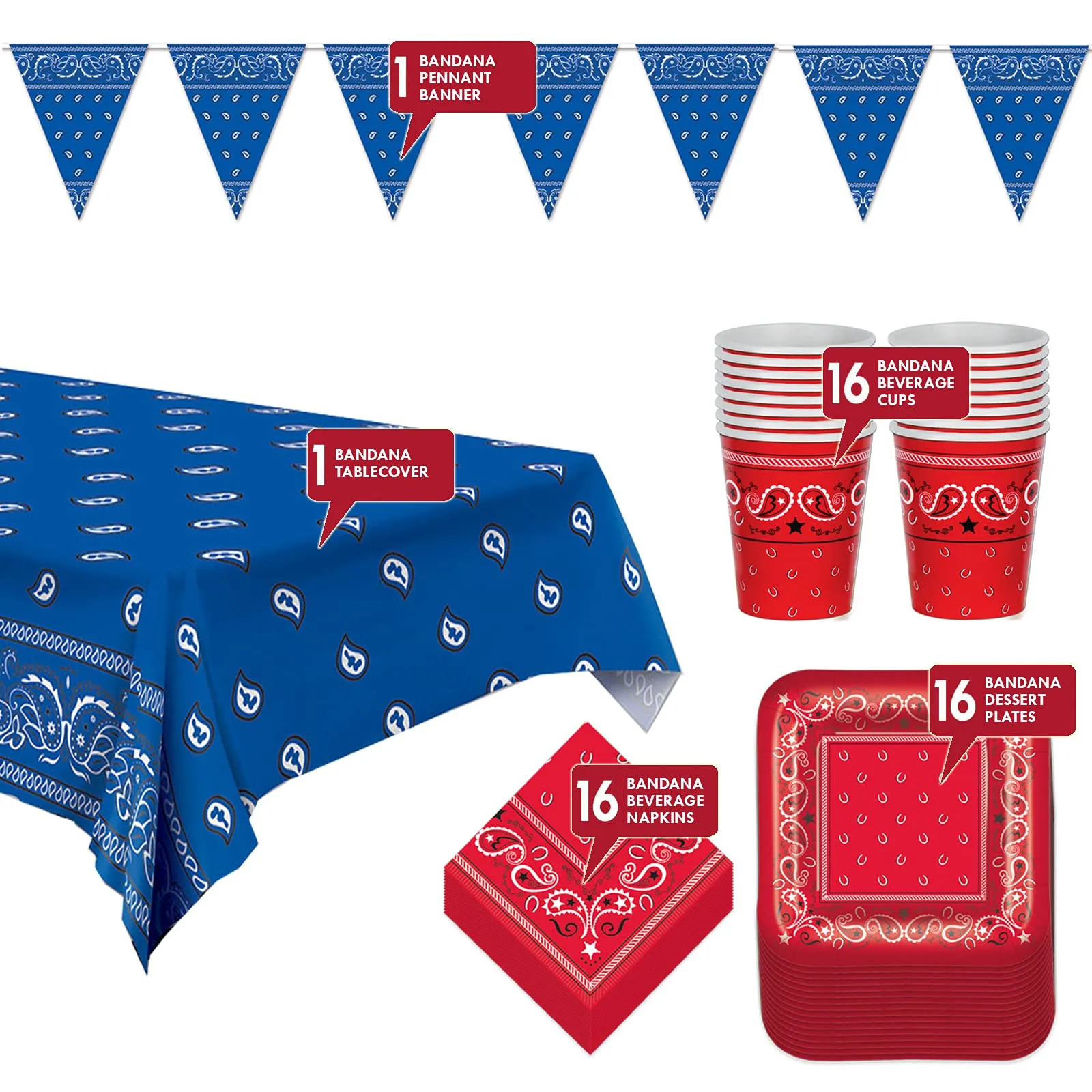 Western Party Supplies - Red & Blue Bandana Paper Dessert Plates and Beverage Napkins (Serves 16)
