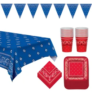 Western Party Supplies - Red & Blue Bandana Paper Dessert Plates and Beverage Napkins (Serves 16)
