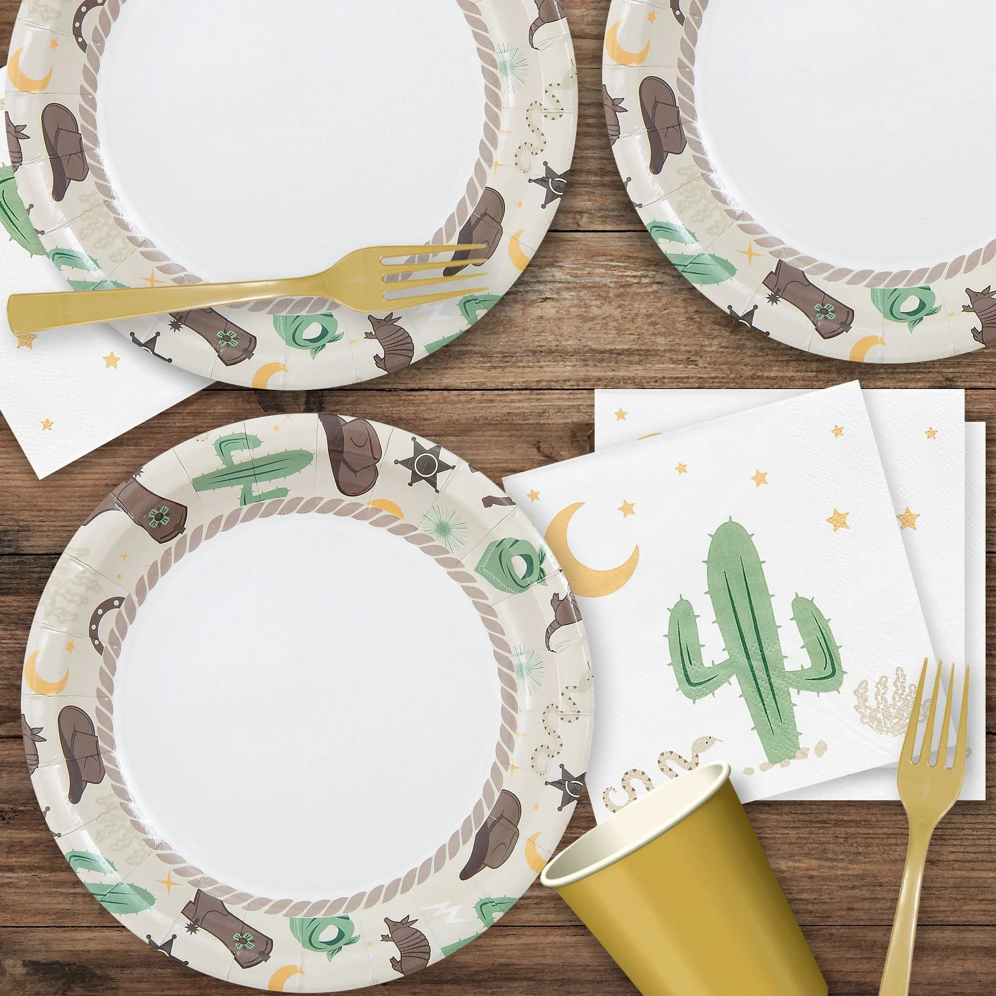 Western Party Supplies - Wild West Paper Plates and Cactus Beverage Napkins (Serves 16)