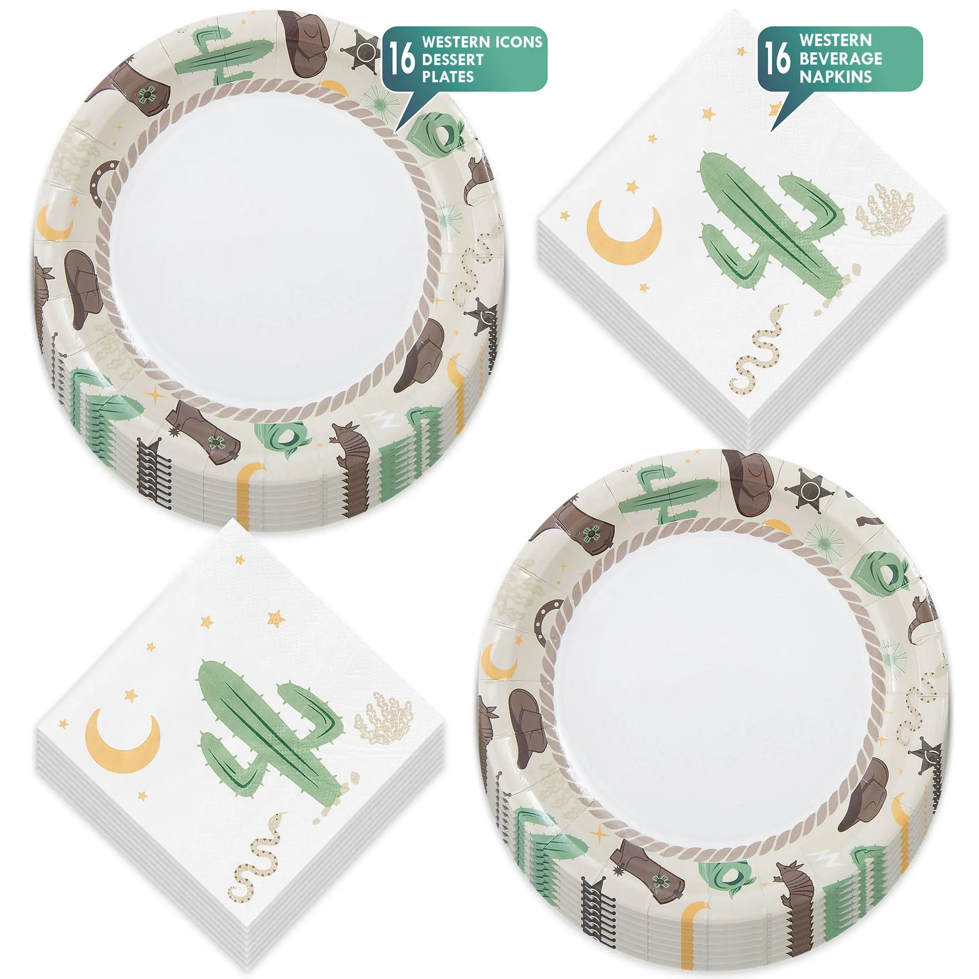 Western Party Supplies - Wild West Paper Plates and Cactus Beverage Napkins (Serves 16)