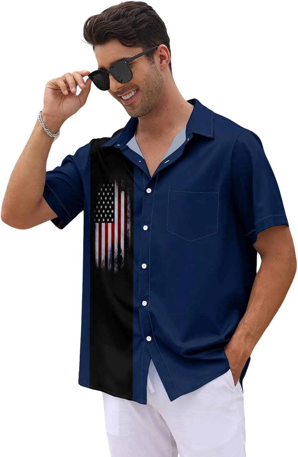 WHO IN SHOP Men's 4th of July American Flag Patriotic Shirts Short Sleeve Button Up USA Memorial Day Shirts