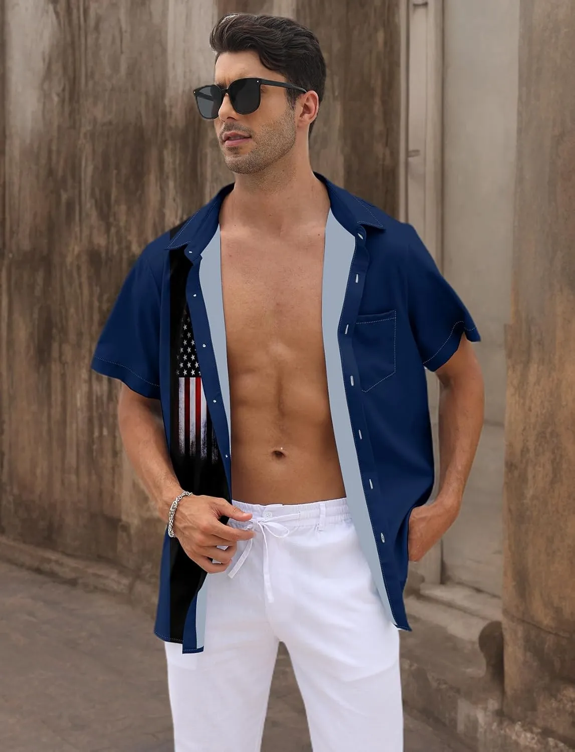 WHO IN SHOP Men's 4th of July American Flag Patriotic Shirts Short Sleeve Button Up USA Memorial Day Shirts