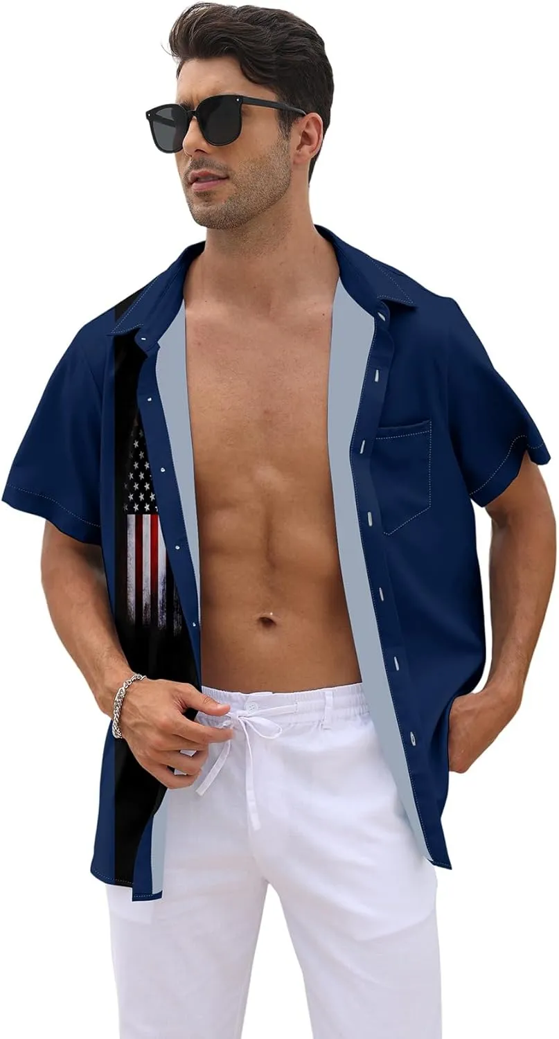 WHO IN SHOP Men's 4th of July American Flag Patriotic Shirts Short Sleeve Button Up USA Memorial Day Shirts