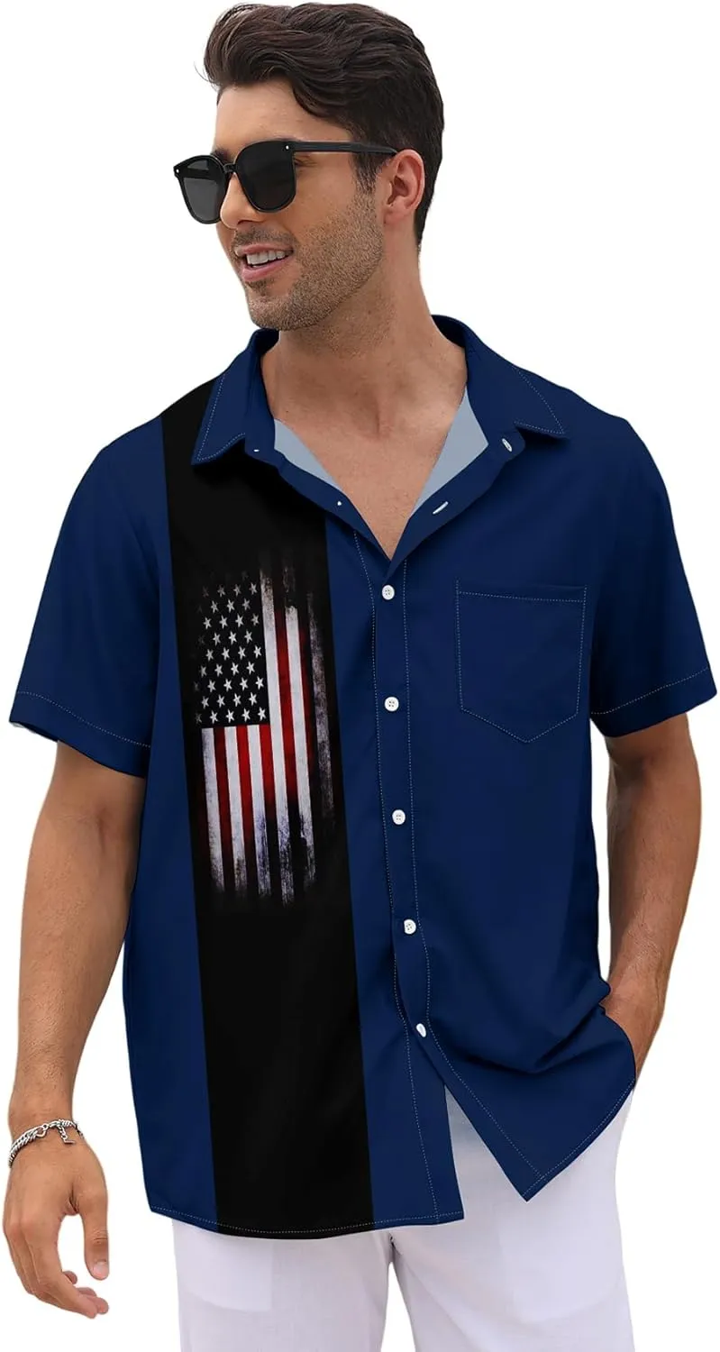 WHO IN SHOP Men's 4th of July American Flag Patriotic Shirts Short Sleeve Button Up USA Memorial Day Shirts