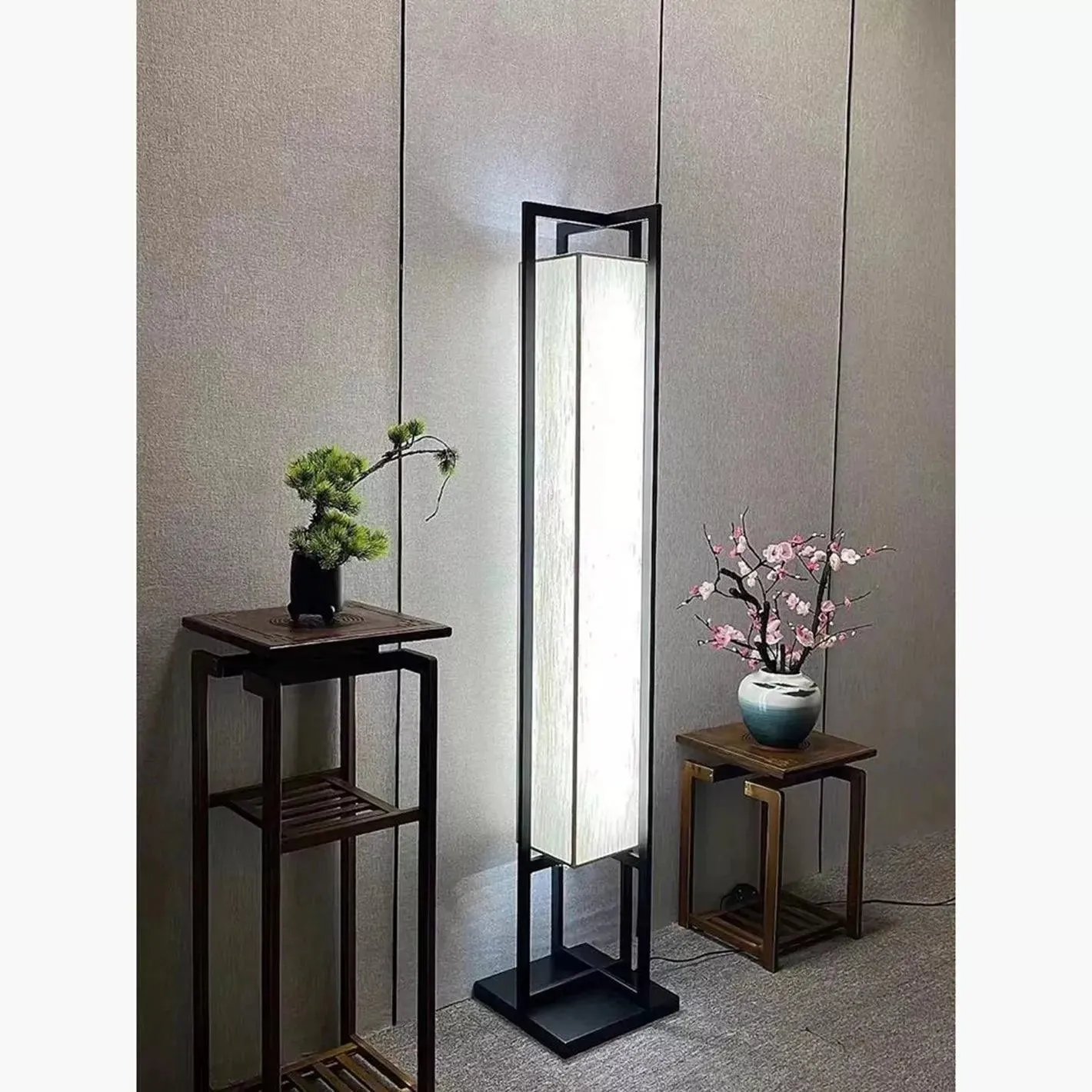 Wooden Twist Buzzy Rectangular Shape Stylish Metal & Glass Floor Lamp